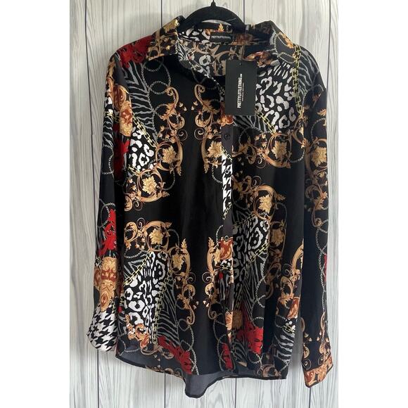 NEW Funky Pretty Little Thing Black Print Oversized Satin Blouse Size 8 - Picture 1 of 9